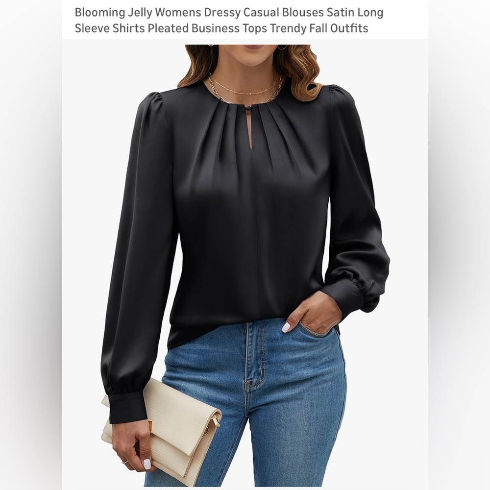 Blooming Jelly Black Satin Pleated Long-Sleeve Blouse